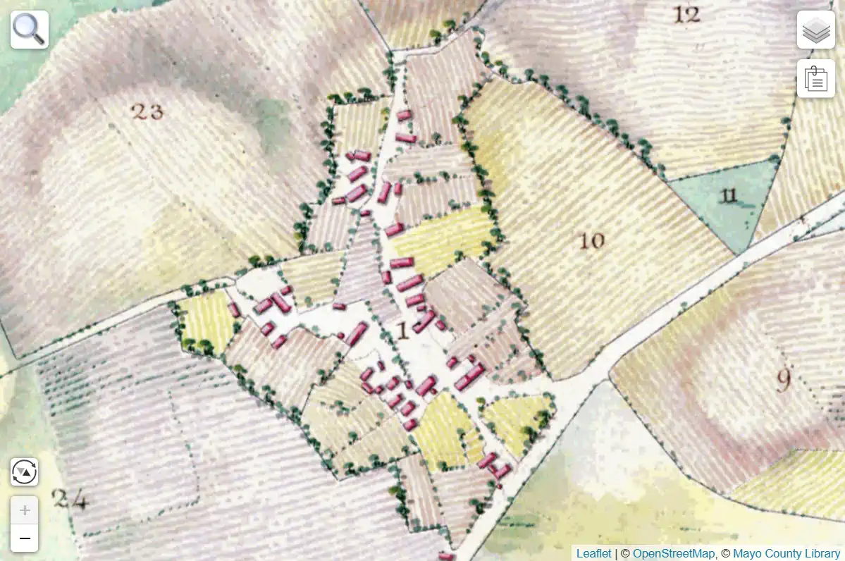 map system screenshot of a Lynch-Blosse estate map from Mayo County Library's website, with tenant/field numbers