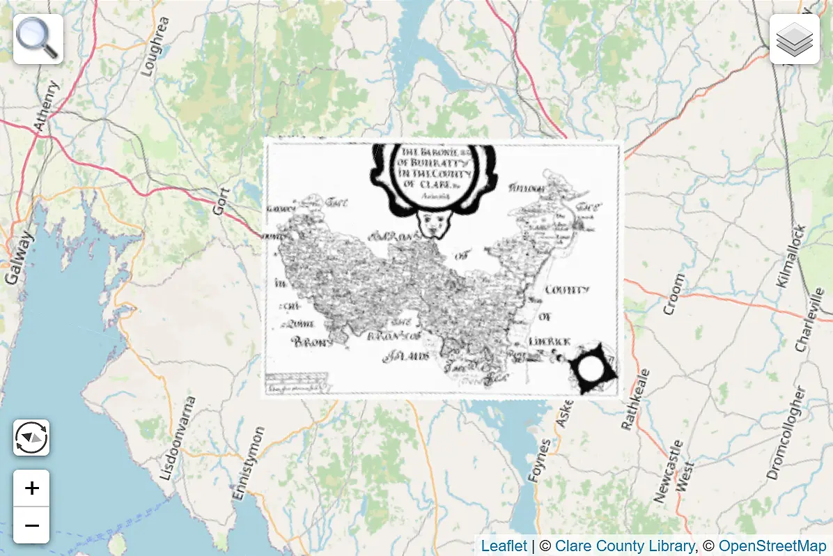 map system screenshot of a rotated Clare Bunratty barony Down Survey map on top of an OpenStreetMap from the Clare Libraries's website
