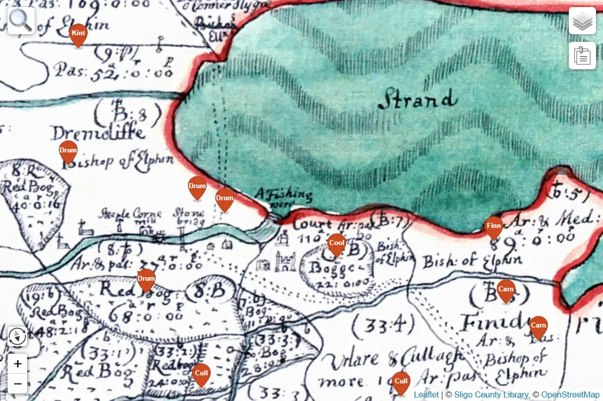 map system screenshot of a 1650s Drumcliffe parish Down Survey map from the Sligo County Library website, with modern markers corresponding to historical locations