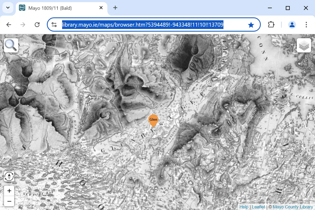 map system screenshot of a Bald map from Mayo County Library's website, with the web address selected and ready to copy