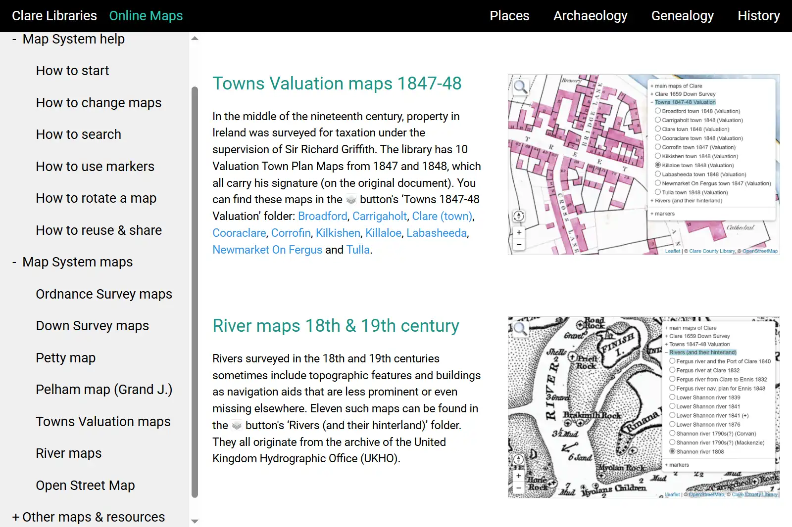 map system screenshot of Clare County Library's map system start and help web page