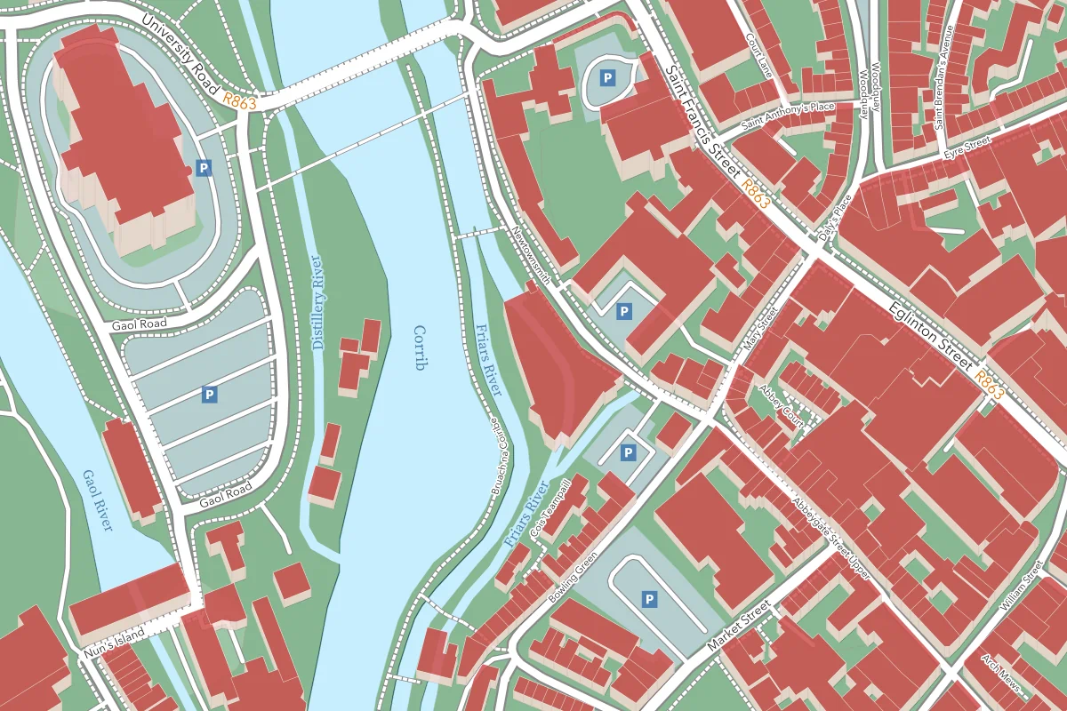 Detailed map of Galway city centre showing streets and their names down to footpaths, buildings in 2.5D, and even the smallest car park.