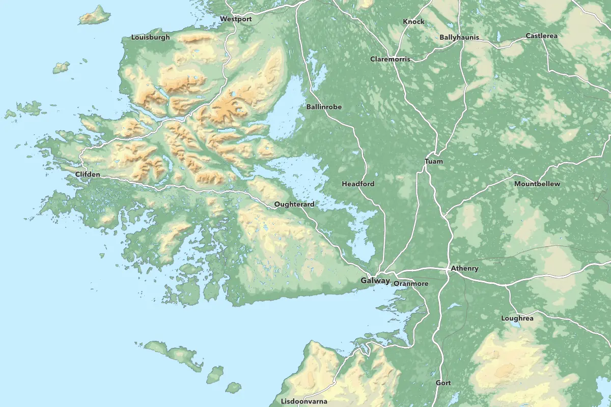 Topographic map at county/province scale showing county Galway terrain, water, and main transport routes