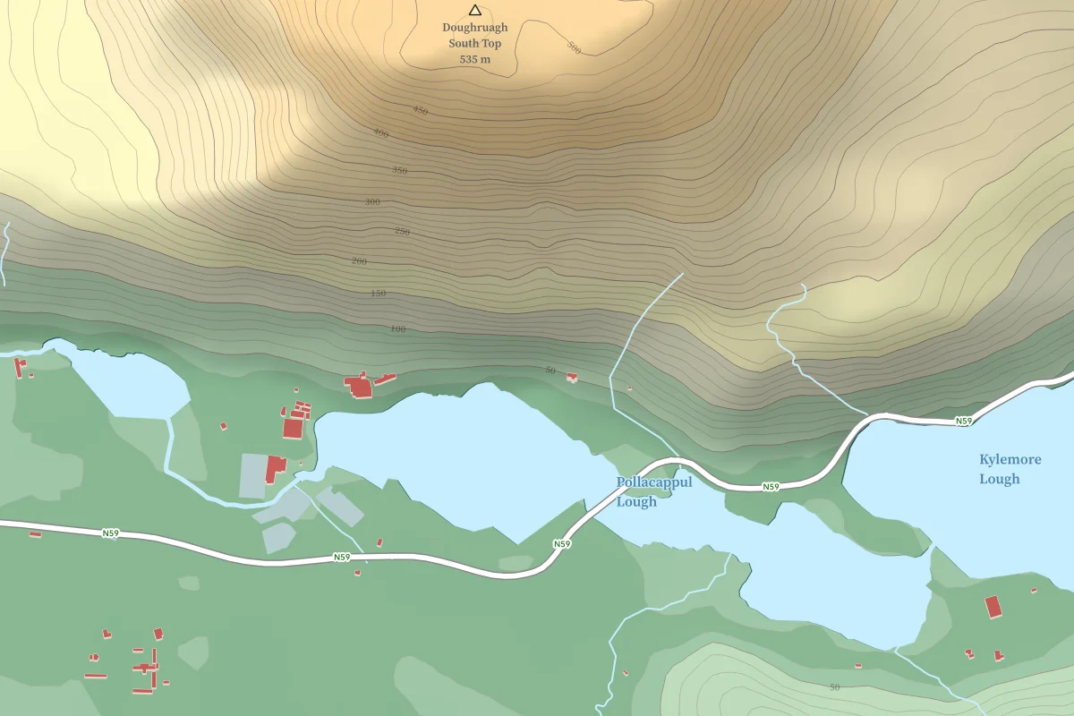 Topographic map of a rural area around Kylemore Abbey at townland scale showing rivers, roads, and building footprints at townland scale.