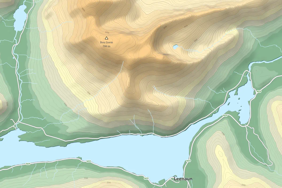 Shaded relief map of a mountain group near Leenaun showing contours, ridges, valleys, and roads.